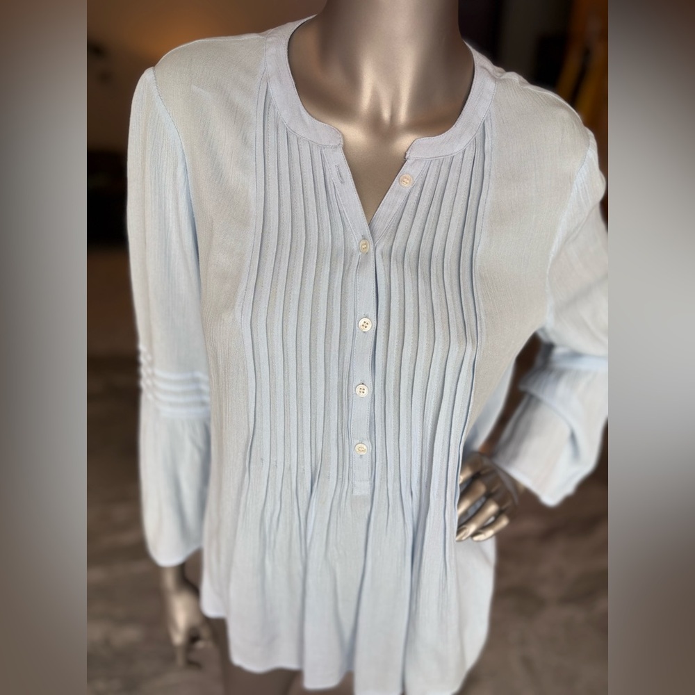 Blue CeCe Top Long Bell Sleeves Button Pleated Bodice Round Neck